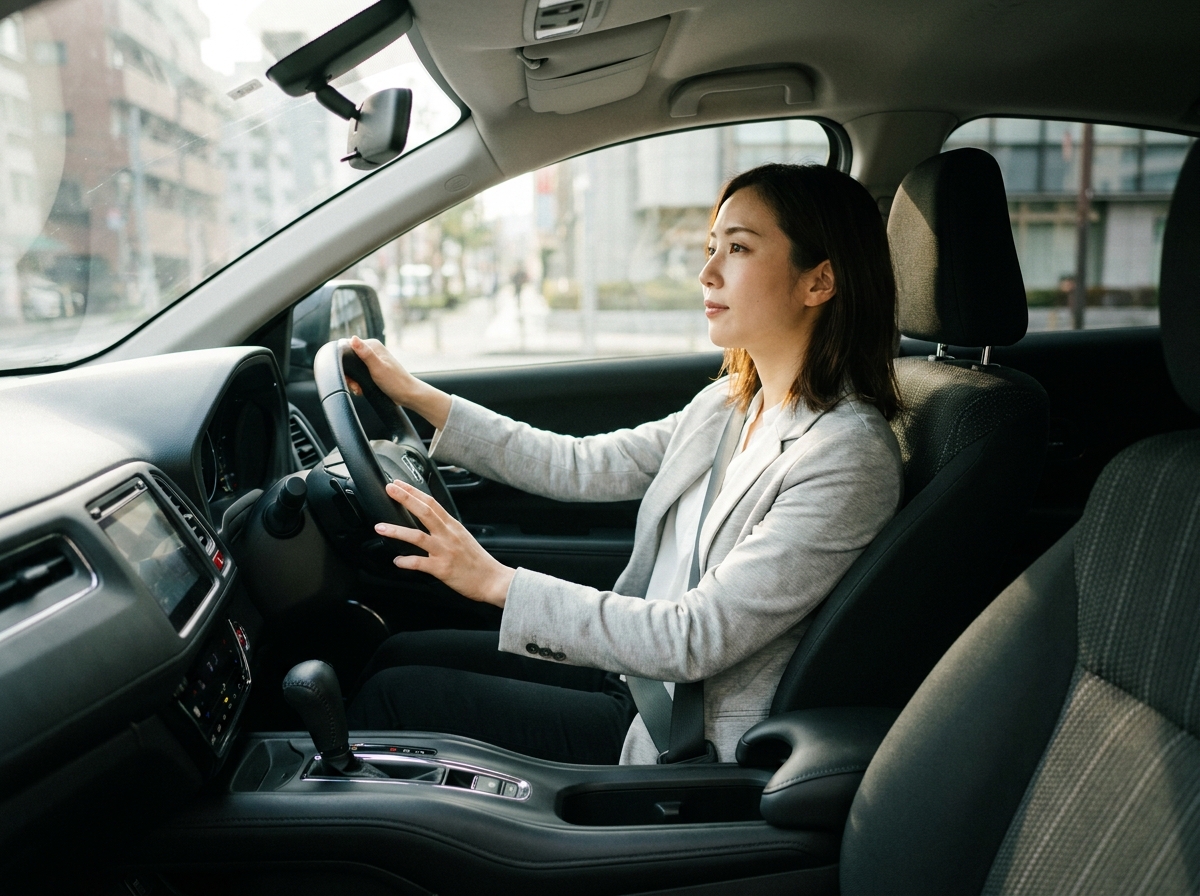 Femme au volant d'une voiture à boîte automatique, vue depuis le siège passager, avec le sélecteur de vitesses automatique visible sur le tableau de bord