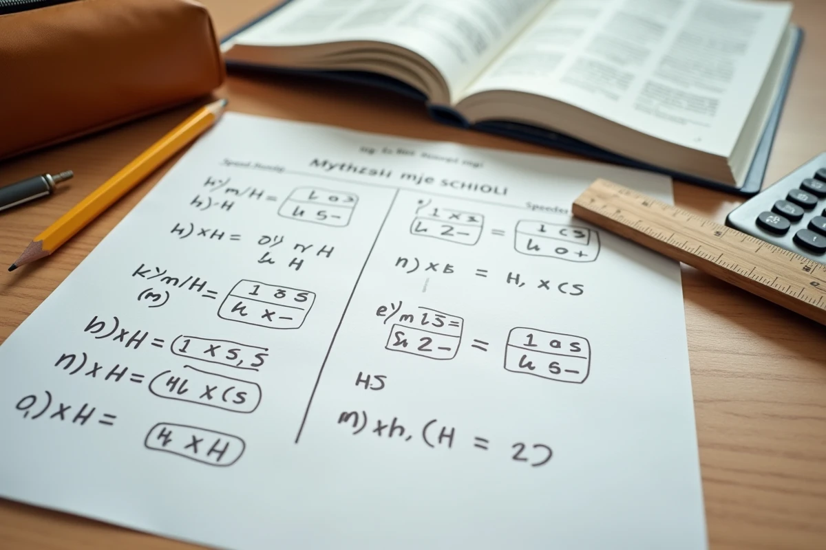Vue en plongée d'une fiche d'exercices de conversion km/h en m/s avec calculatrice et règle sur un bureau scolaire