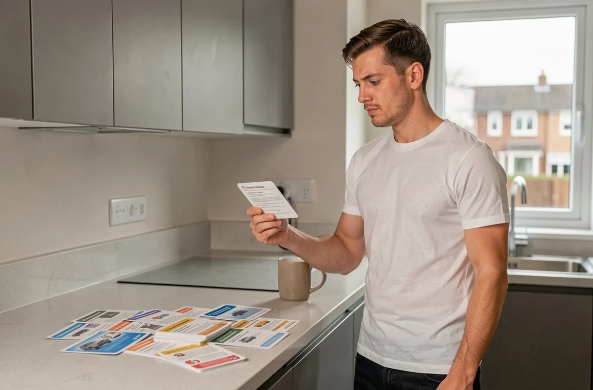 Homme qui étudie des fiches de révision pour le code de la route dans sa cuisine