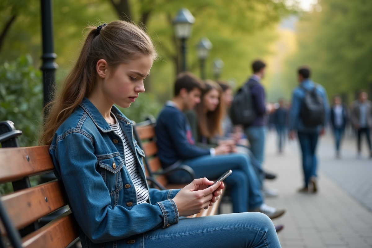 Jeune fille anxieuse sur un banc dans un parc parisien