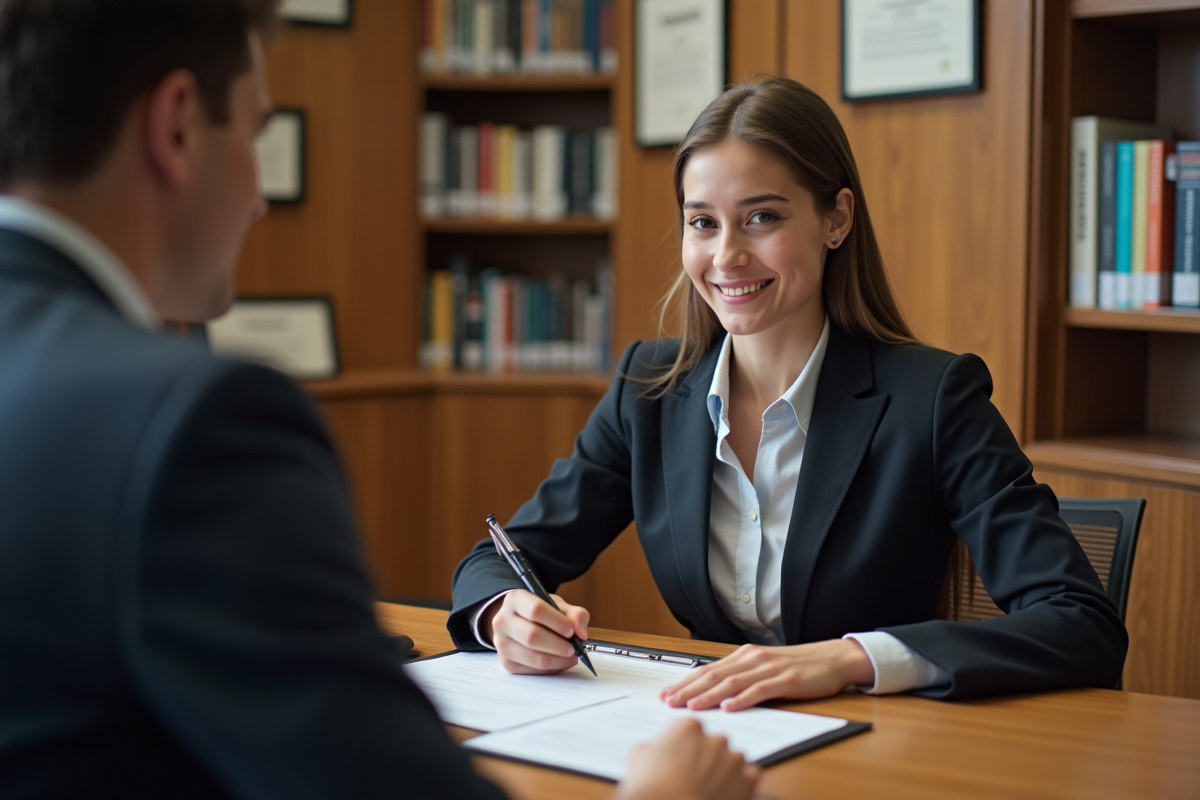 Jeune femme signant une convention de stage avec un superviseur