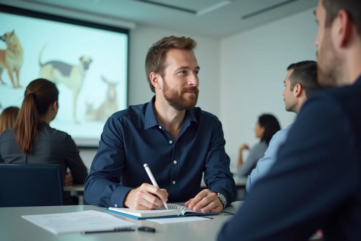 Formation ACACED en salle de classe avec des adultes en reconversion professionnelle prenant des notes