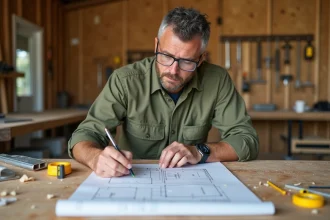 Homme en formation bricolage étudiant des plans de rénovation sur un établi en bois dans un atelier maison