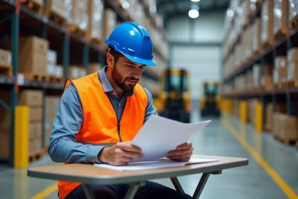 Homme en formation CACES 1 et 3 étudiant un manuel certifié dans un entrepôt logistique