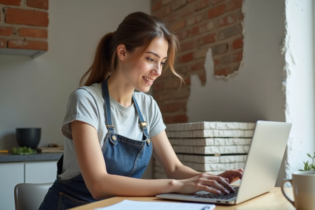 Femme suivant une formation CPF en ligne pour la rénovation dans un appartement en cours de travaux