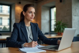 Femme professionnelle suivant une formation digitale dans un espace de coworking parisien moderne avec un ordinateur portable et des notes
