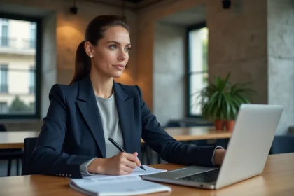Femme professionnelle suivant une formation digitale dans un espace de coworking parisien moderne avec un ordinateur portable et des notes