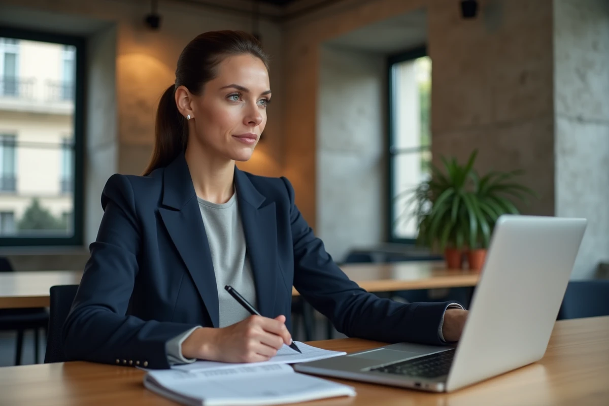 Femme professionnelle suivant une formation digitale dans un espace de coworking parisien moderne avec un ordinateur portable et des notes