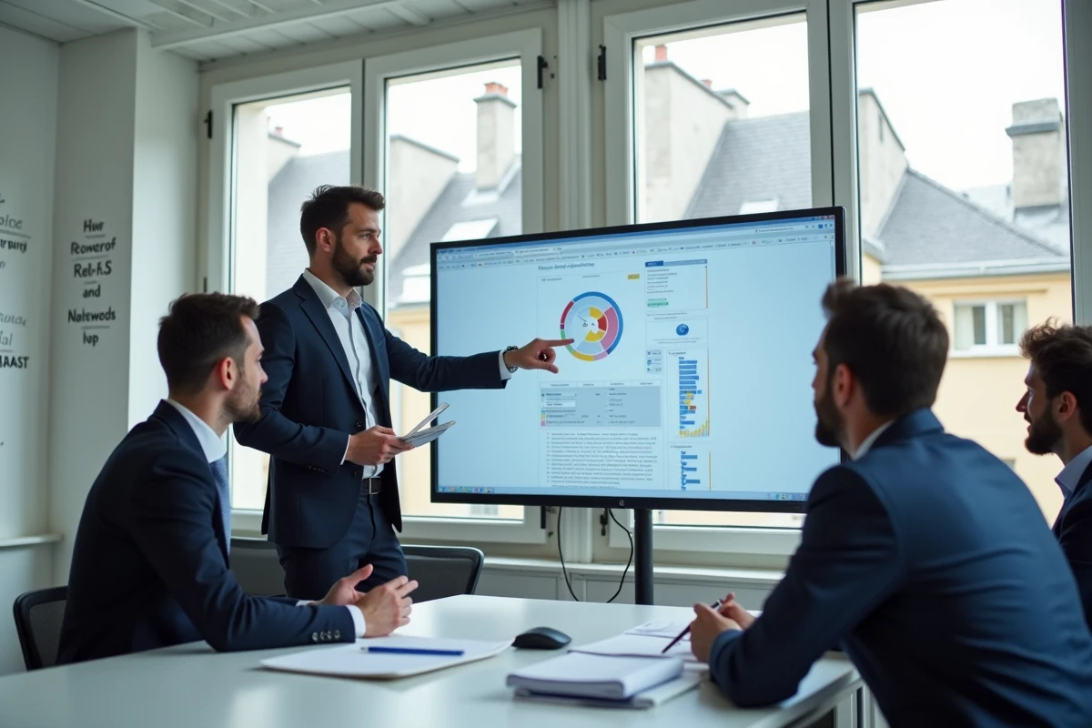 Groupe de professionnels parisiens en formation digitale collaborative autour d'un écran de présentation stratégique