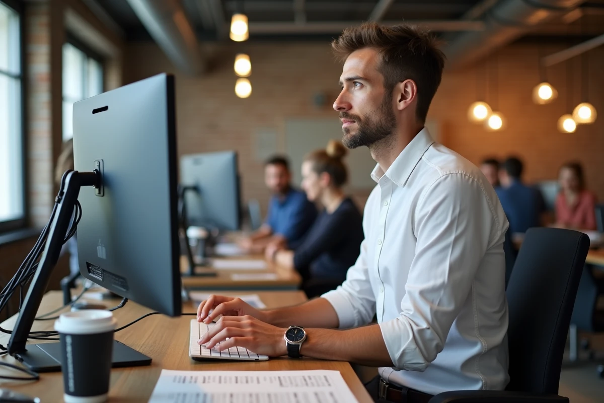 Homme concentré sur un exercice de formation digitale devant un double écran dans un centre de formation parisien contemporain