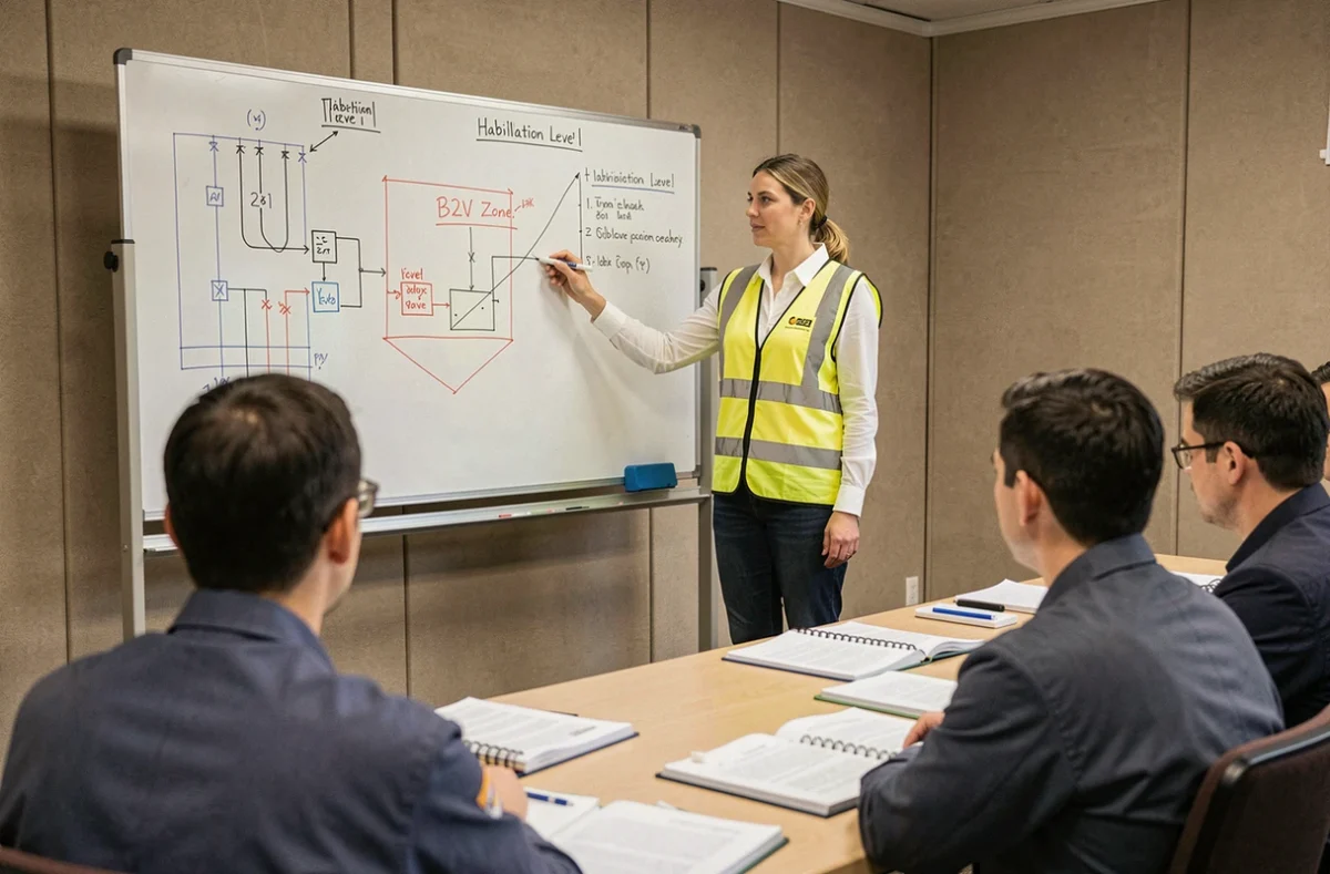 Formatrice présentant les niveaux d'habilitation électrique H1V et B2V lors d'une session de formation en salle, pour la préparation à l'habilitation Habilec 7