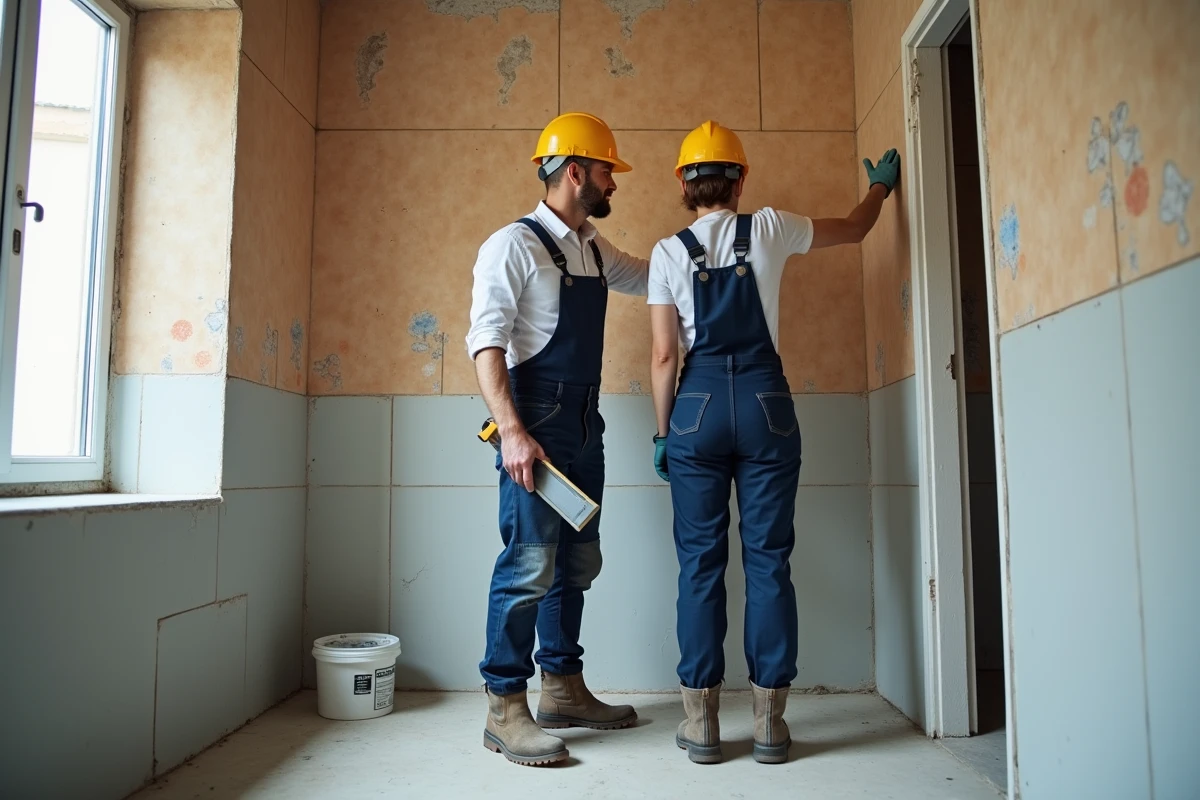 Deux professionnels en formation rénovation salle de bain examinant un chantier de pose de carrelage