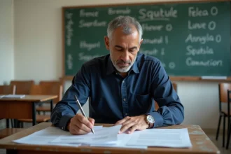 Homme sans papiers en formation professionnelle dans un centre d'apprentissage pour adultes, prenant des notes sur des documents officiels