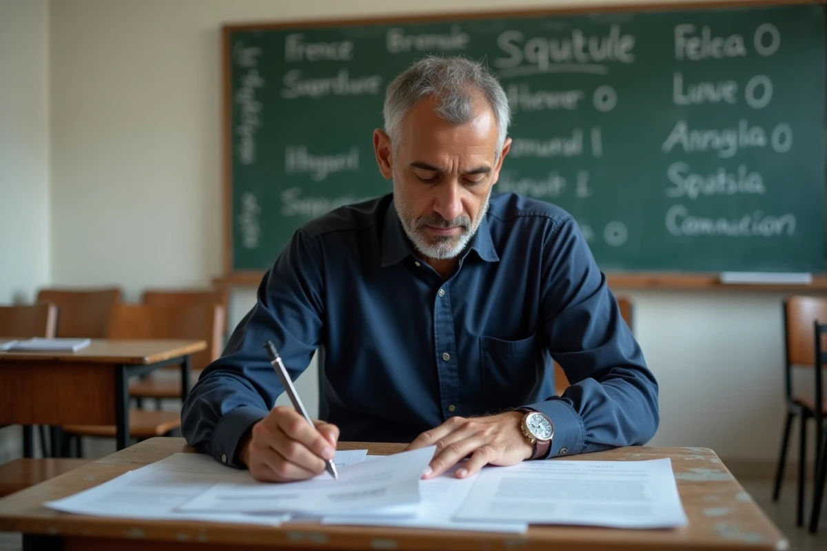 Homme sans papiers en formation professionnelle dans un centre d'apprentissage pour adultes, prenant des notes sur des documents officiels
