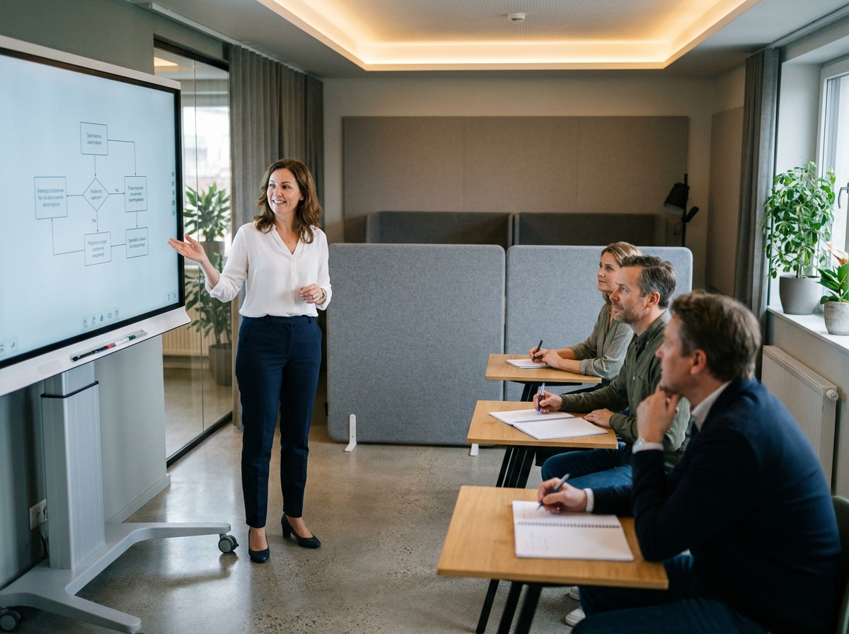 Formatrice animant une session de formation devant un tableau interactif dans une salle aménagée avec bureaux individuels