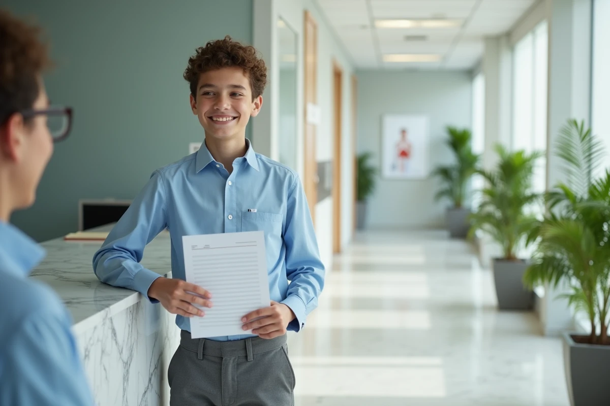 Garçon de 15 ans souriant présentant une lettre de motivation à la réception