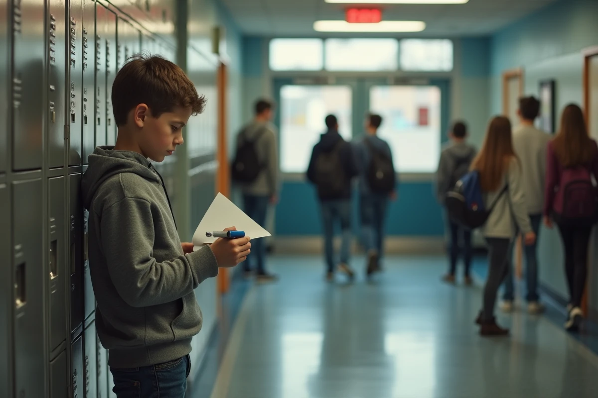 Garçon de 13 ans vérifiant sa lettre dans un couloir scolaire