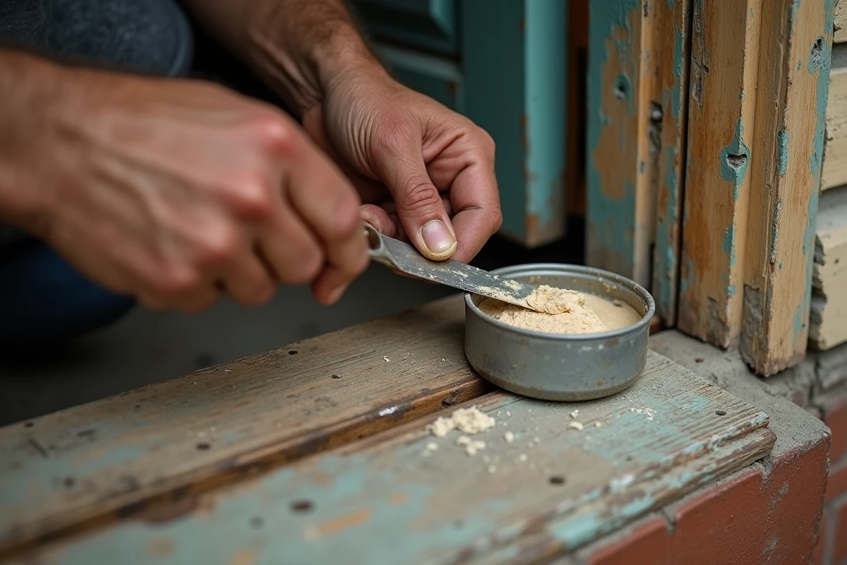 Gros plan sur des mains masculines appliquant de l'enduit sur une porte en bois lors d'une réparation de bricolage à domicile