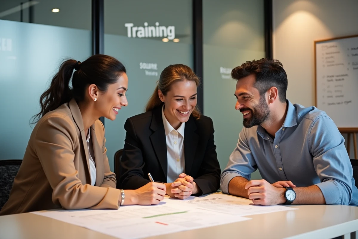 Groupe d'adultes en reconversion professionnelle analysant ensemble un parcours de formation dans un centre d'orientation