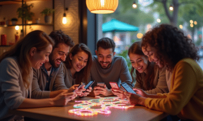 Groupe d'amis jouant à un jeu snake sur smartphone dans un café