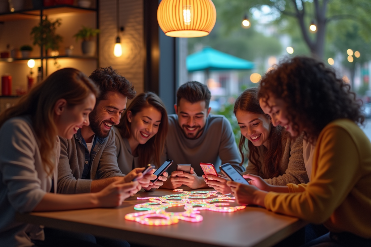 Groupe d'amis jouant à un jeu snake sur smartphone dans un café
