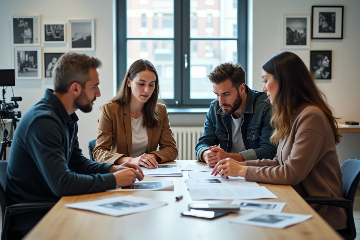 Groupe d'adultes analysant des documents de formation photo dans une école de photographie