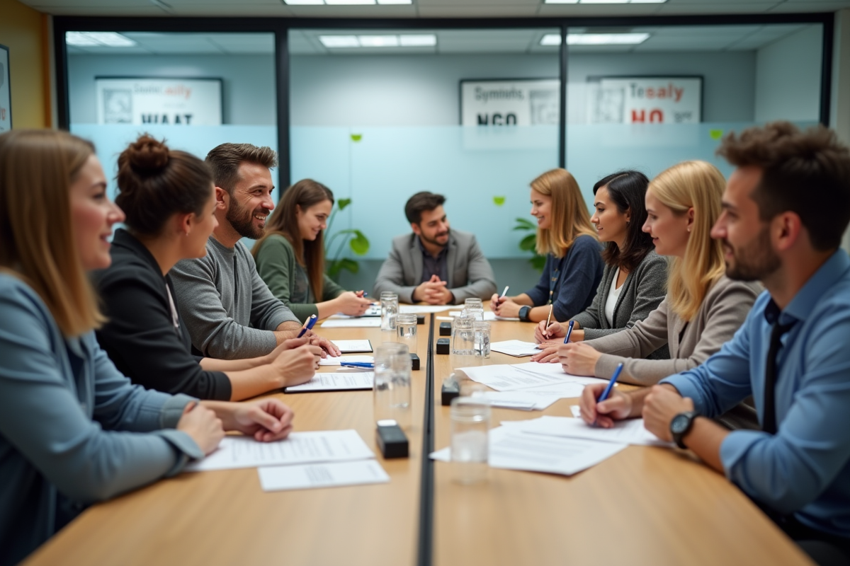 Groupe divers d apprenants discutant autour d une table