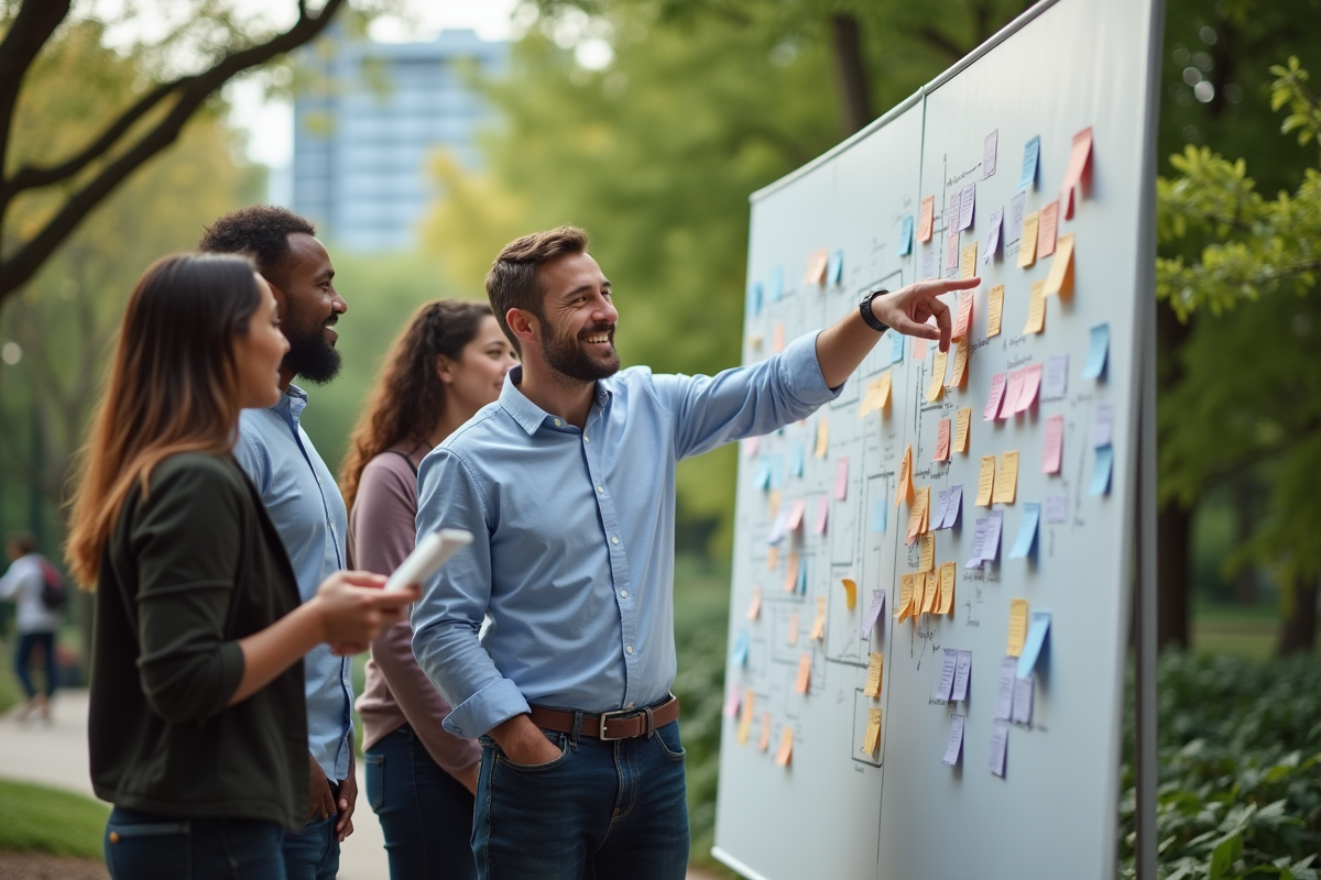 Groupe de collègues en brainstorming dans un parc urbain
