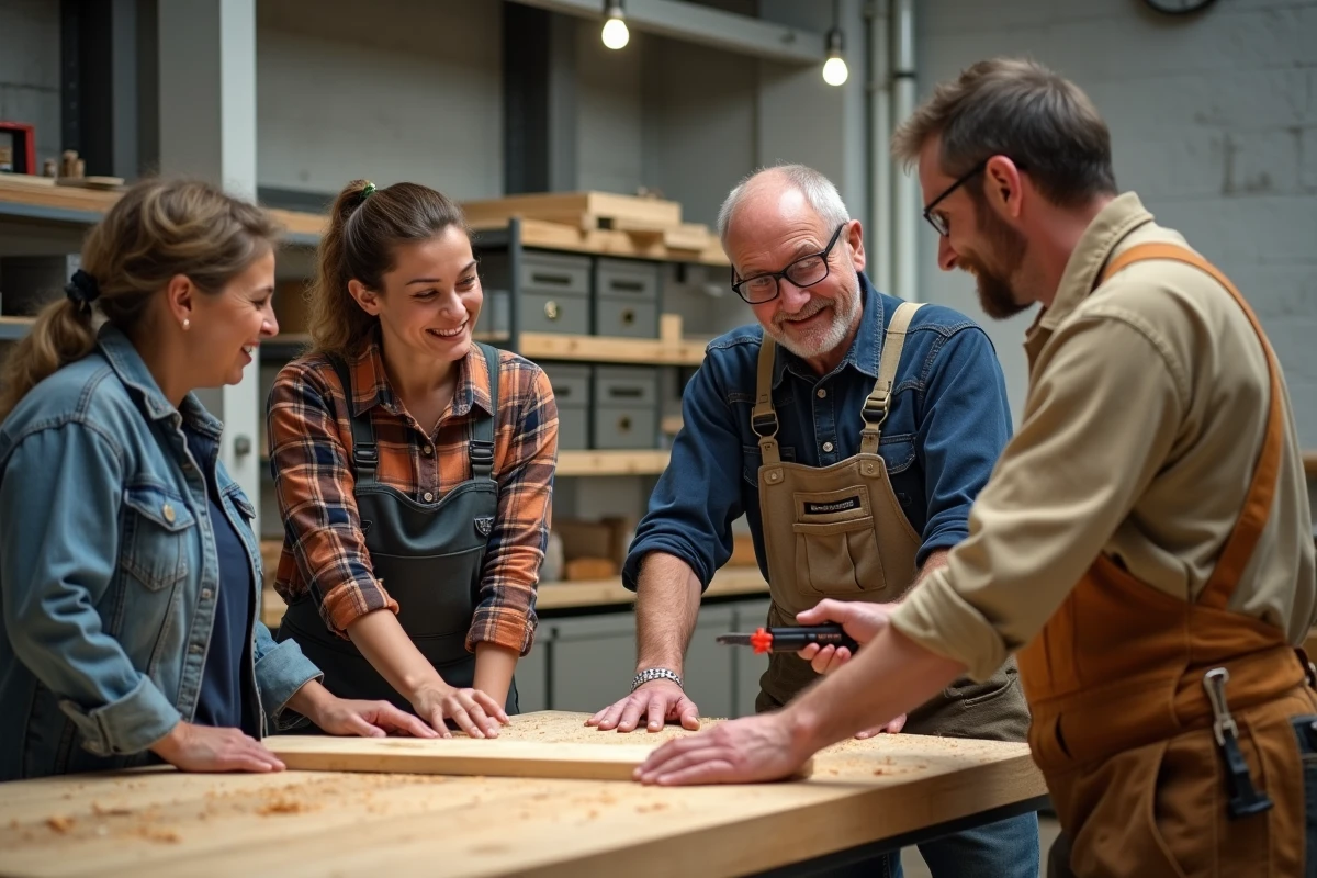 Groupe d'adultes suivant un cours de bricolage animé par un instructeur expérimenté dans un atelier collectif professionnel