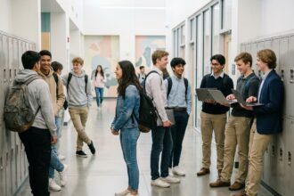 Groupe d'étudiants divers dans un couloir scolaire moderne