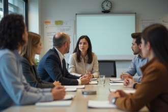 Groupe d'adultes en réunion dans une salle moderne