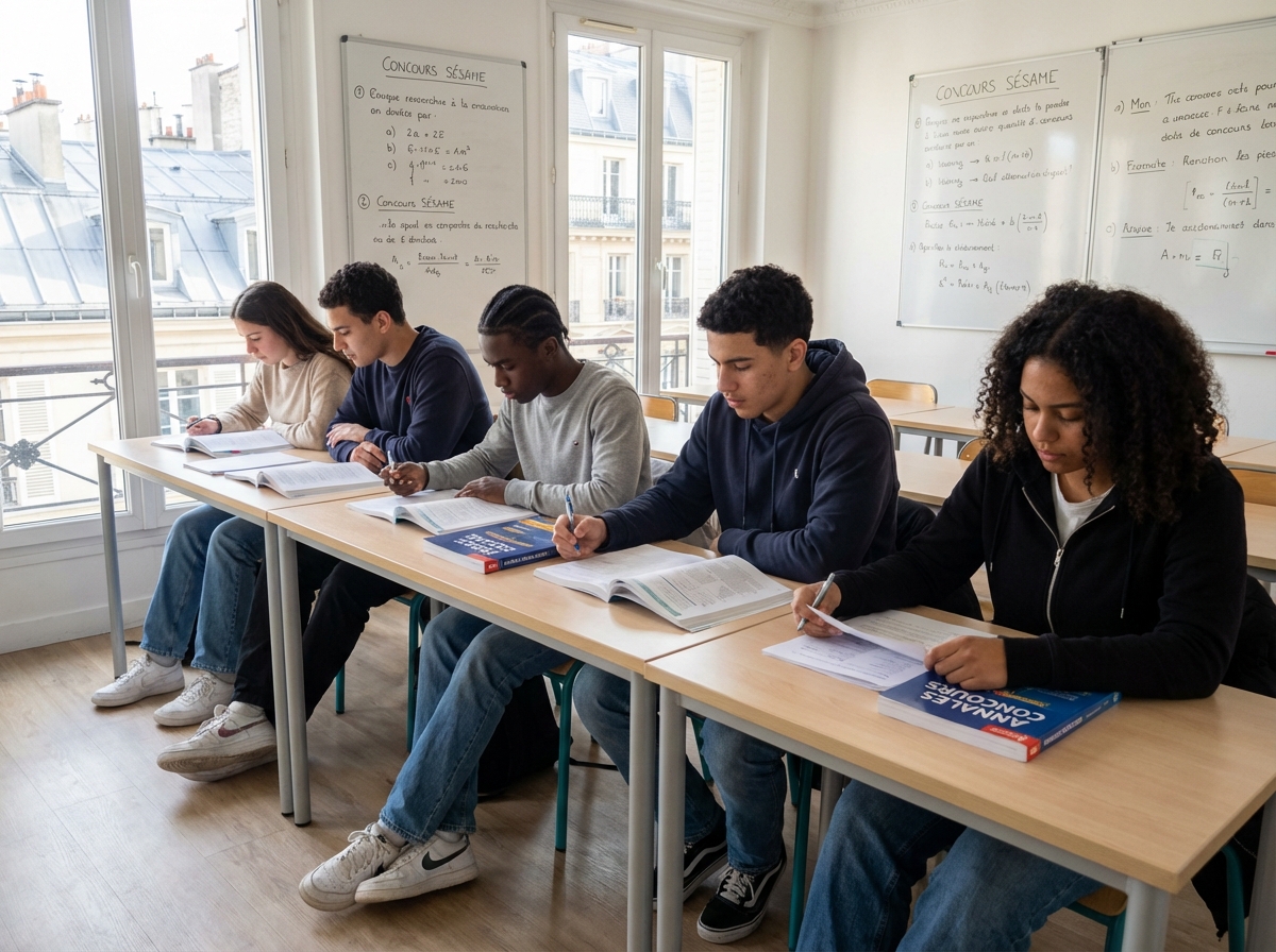 Groupe d'élèves parisiens en classe pour étude Sésame