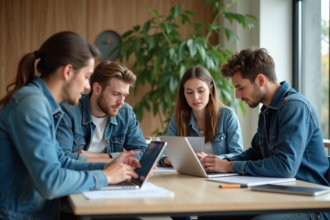 Jeunes étudiants en groupe autour d'une table moderne