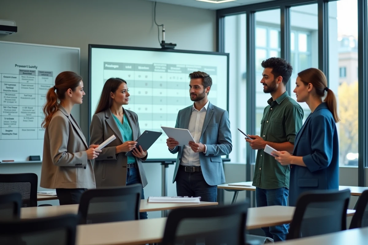 Groupe d'étudiants paramédicaux comparant les formations en ergothérapie dans une salle de cours universitaire