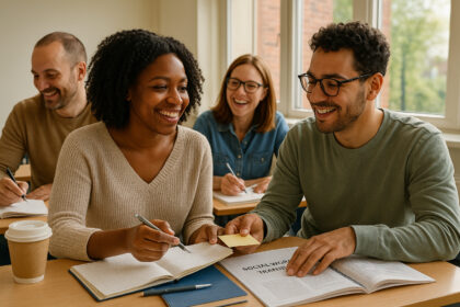 Groupe d'adultes souriants en formation sociale dans une salle lumineuse