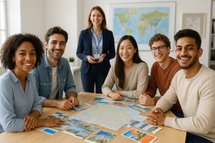 Groupe divers d'apprenants en formation tourisme dans une salle lumineuse