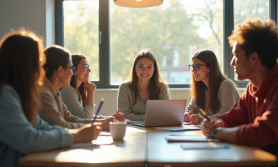 Groupe de jeunes adultes en formation dans une salle lumineuse