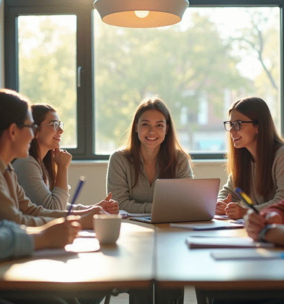 Groupe de jeunes adultes en formation dans une salle lumineuse