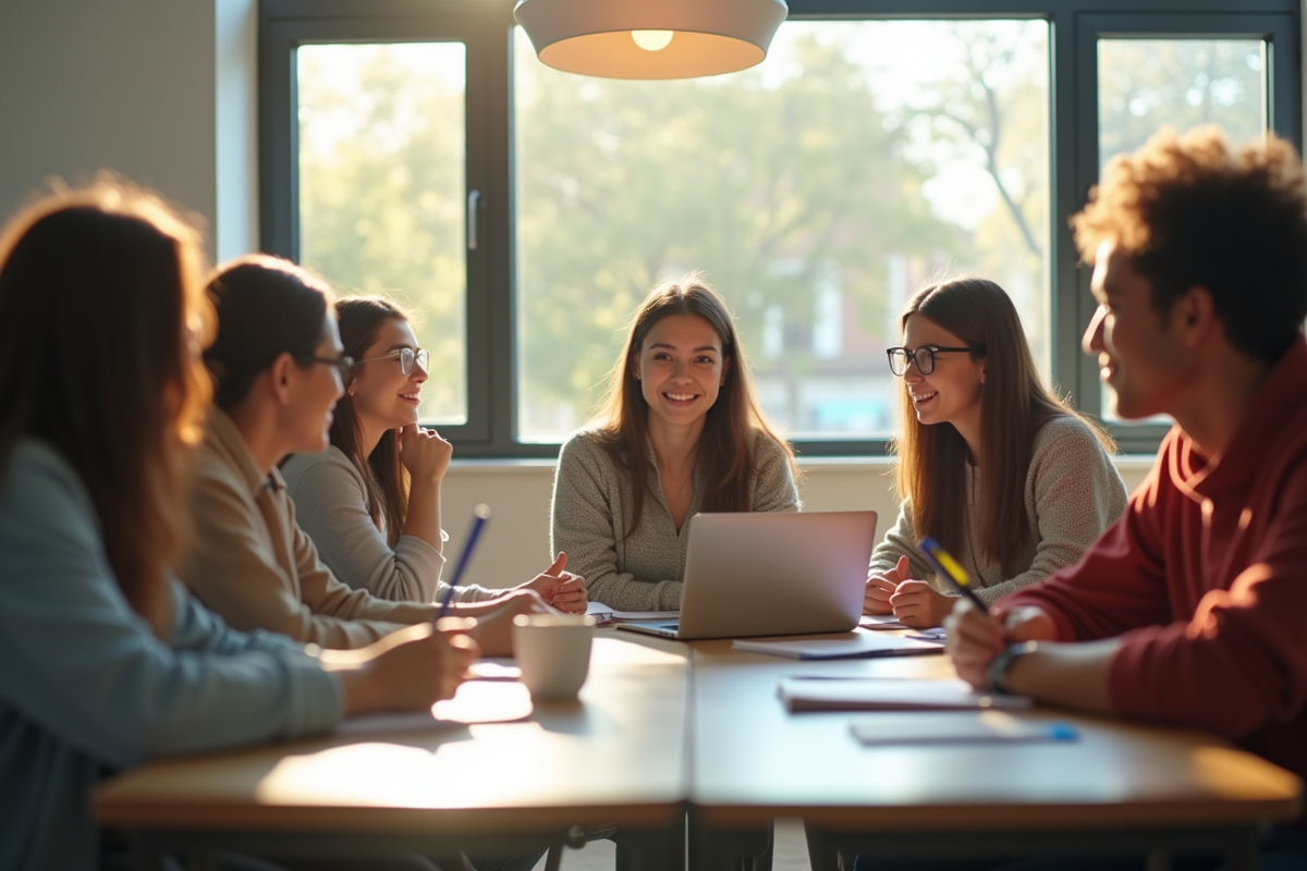 Groupe de jeunes adultes en formation dans une salle lumineuse