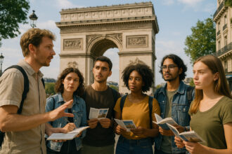 Groupe de jeunes écoutant un guide devant un monument européen