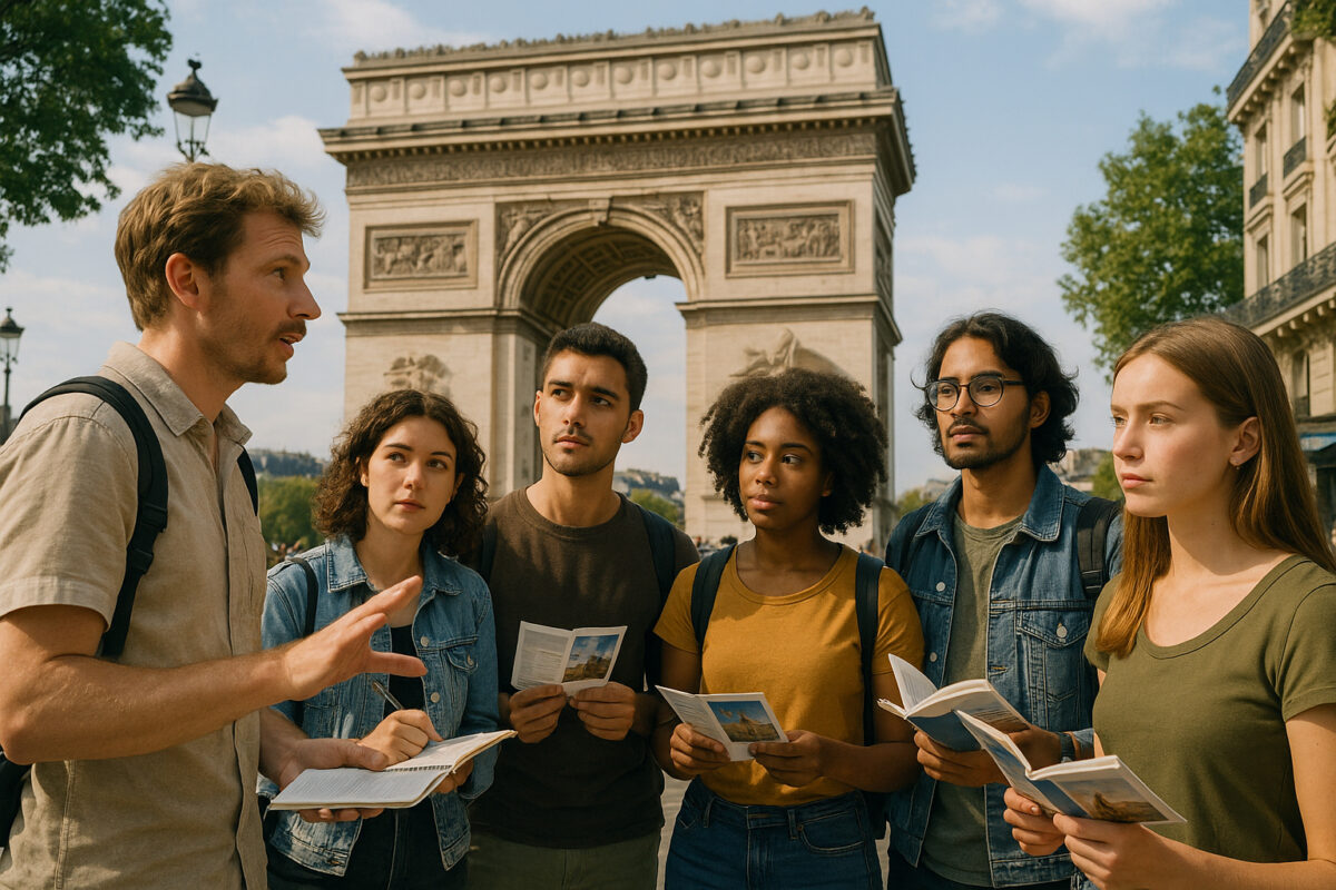 Groupe de jeunes écoutant un guide devant un monument européen