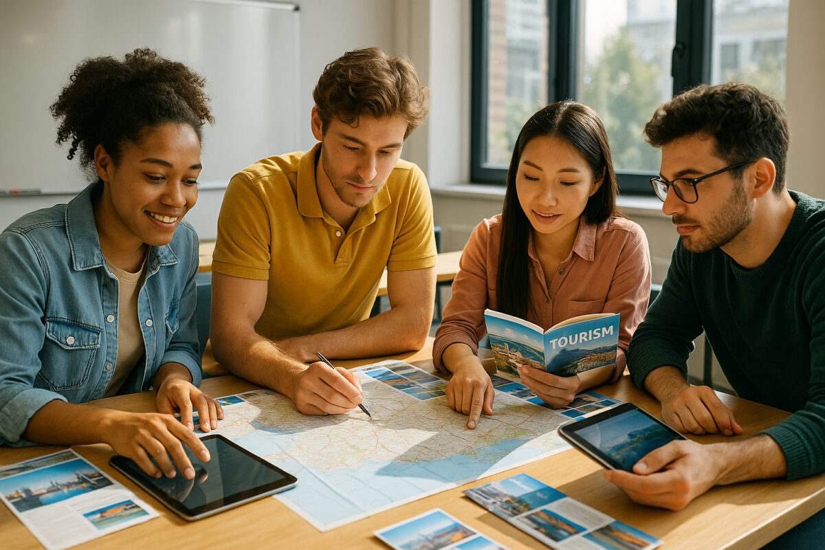 Groupe de jeunes en atelier de tourisme en salle lumineuse