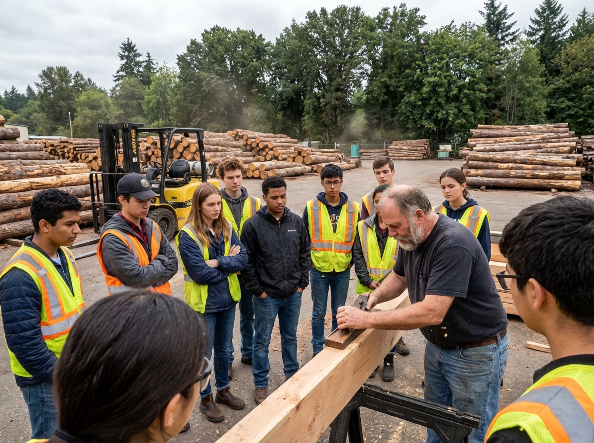 Groupe de lycéens écoute un instructeur en extérieur