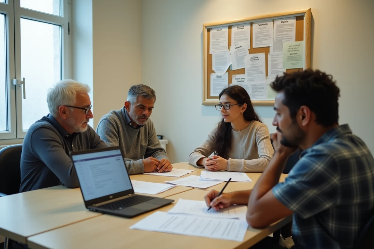 Groupe de migrants sans papiers aidés par une association pour accéder à la formation et à la régularisation par le travail en France