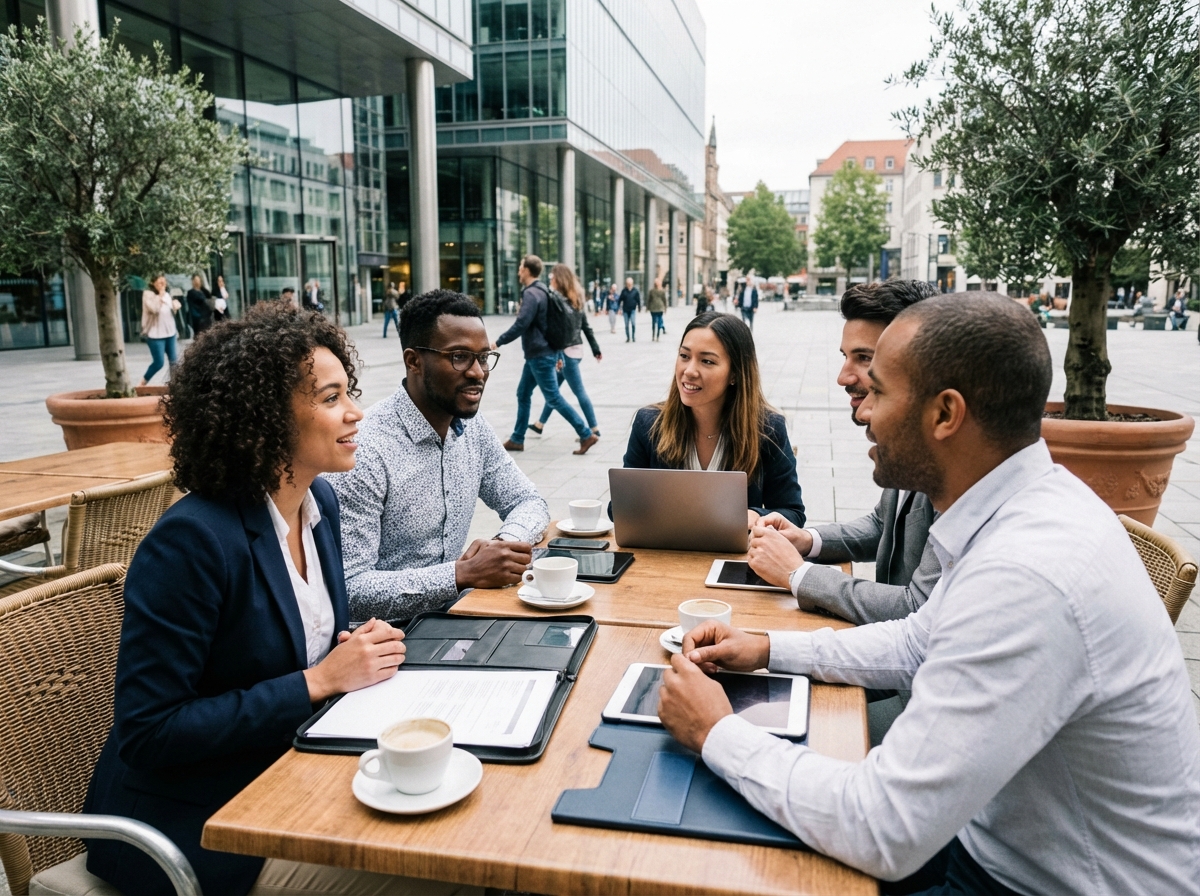 Groupe de professionnels discutant dans un café urbain