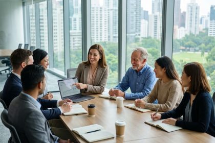 Groupe de professionnels en réunion dans un bureau moderne