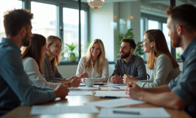 Groupe de jeunes professionnels en discussion dans un espace moderne