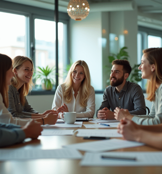 Groupe de jeunes professionnels en discussion dans un espace moderne