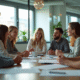 Groupe de jeunes professionnels en discussion dans un espace moderne
