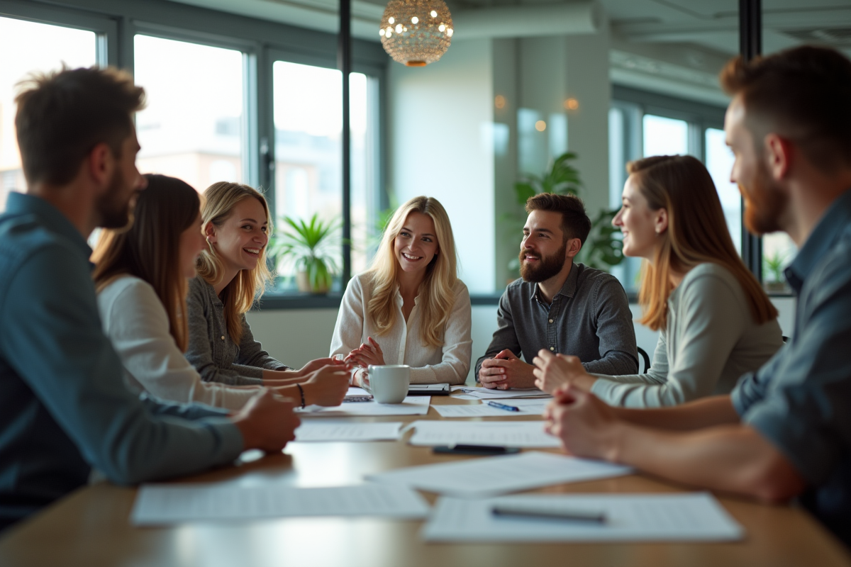 Groupe de jeunes professionnels en discussion dans un espace moderne